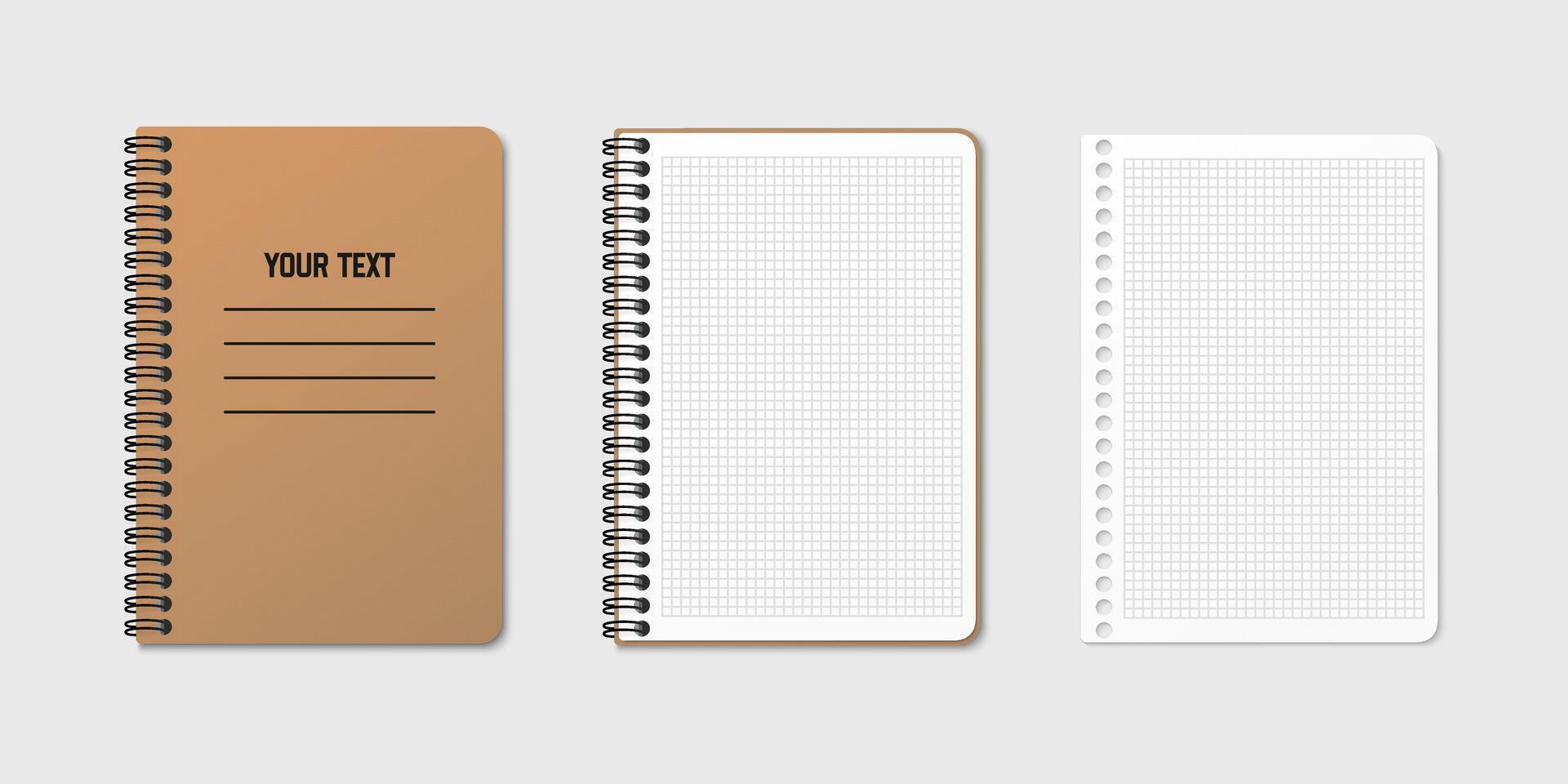 Vertical spiral spring notepad with space for your image or text on gray isolated background in three variations. Checkered sheet. Notebook clipart illustration. Top view vector