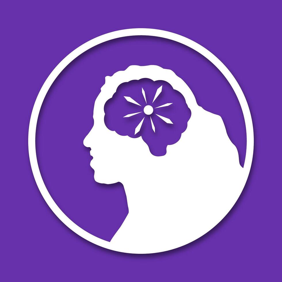 The head of a woman or girl is in a circle. Medical concept icon of diseases of the brain, psychological disorder. Paper cut style icon with shadow. vector