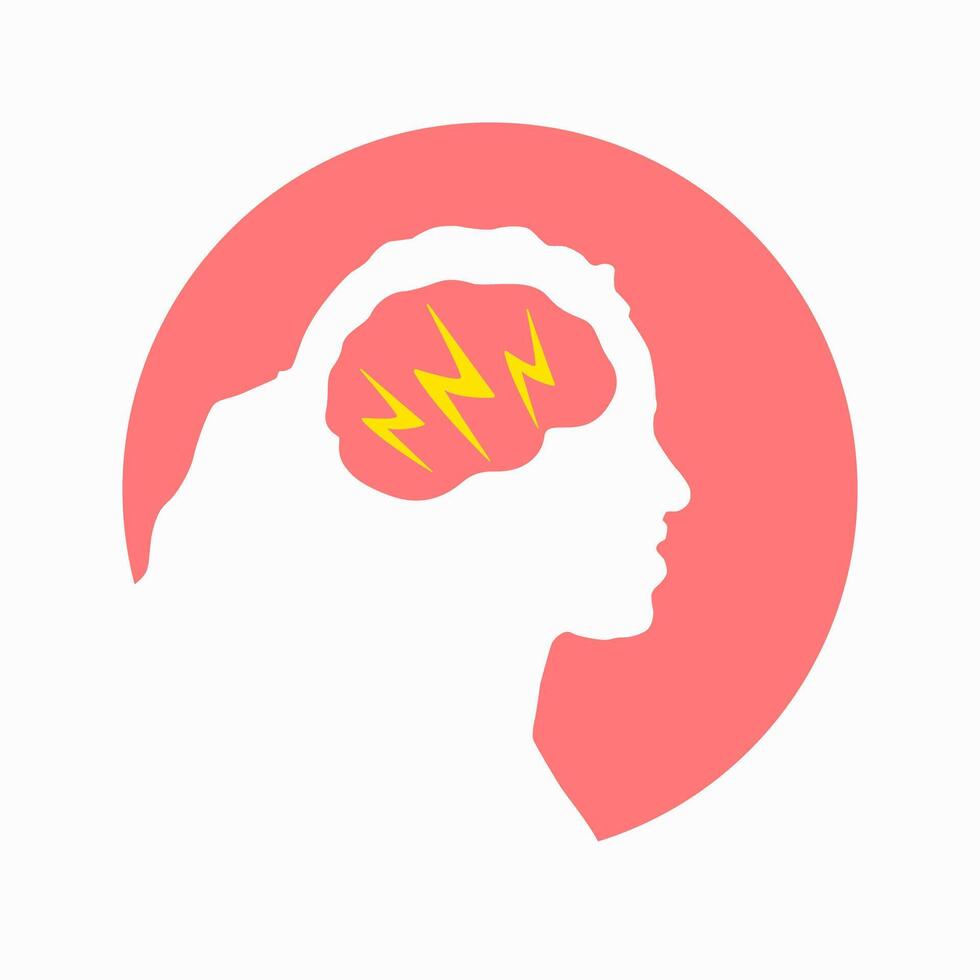 Migraine linear icon. Woman head with lightning bolt. Thunderclap head. Temple pressure, pain. Flu symptom. outline symbol. vector