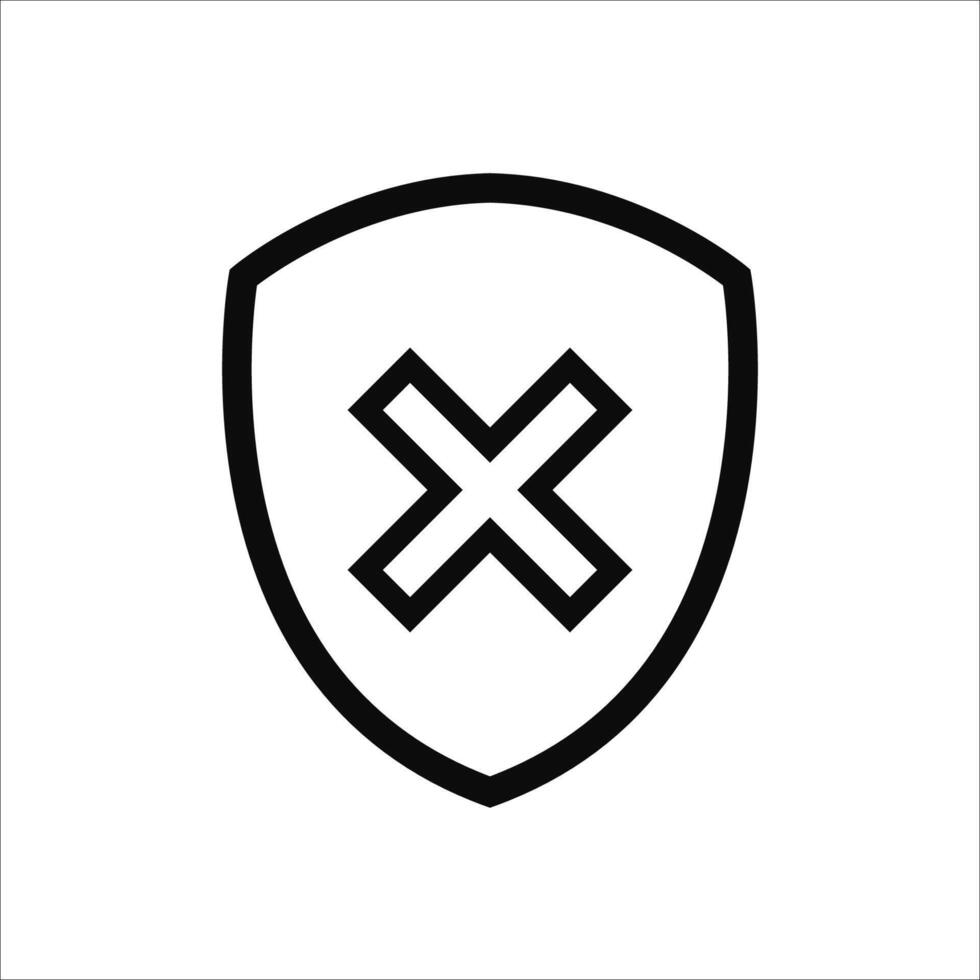 Shield check mark. False icon or security shields danger protection icons with cross symbol. vector