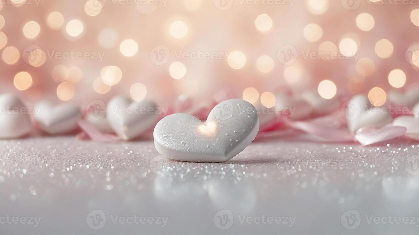 Close-up of red and white decorative hearts on a light surface with golden bokeh lights, symbolizing love and romance. Valentines day background photo