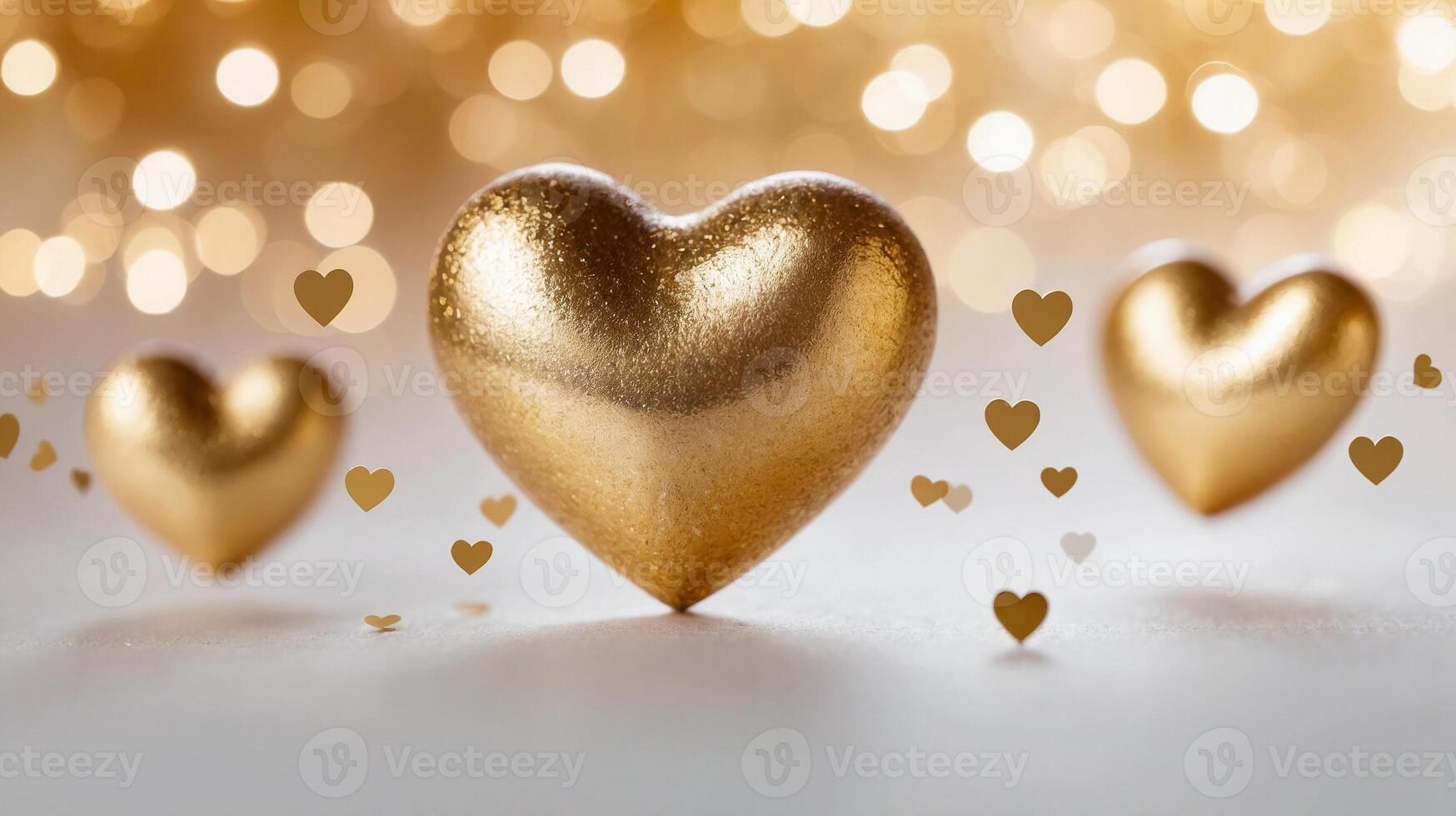 Close-up of golden heart decorations on a soft glowing bokeh background, creating a romantic and luxurious atmosphere. Valentines day photo