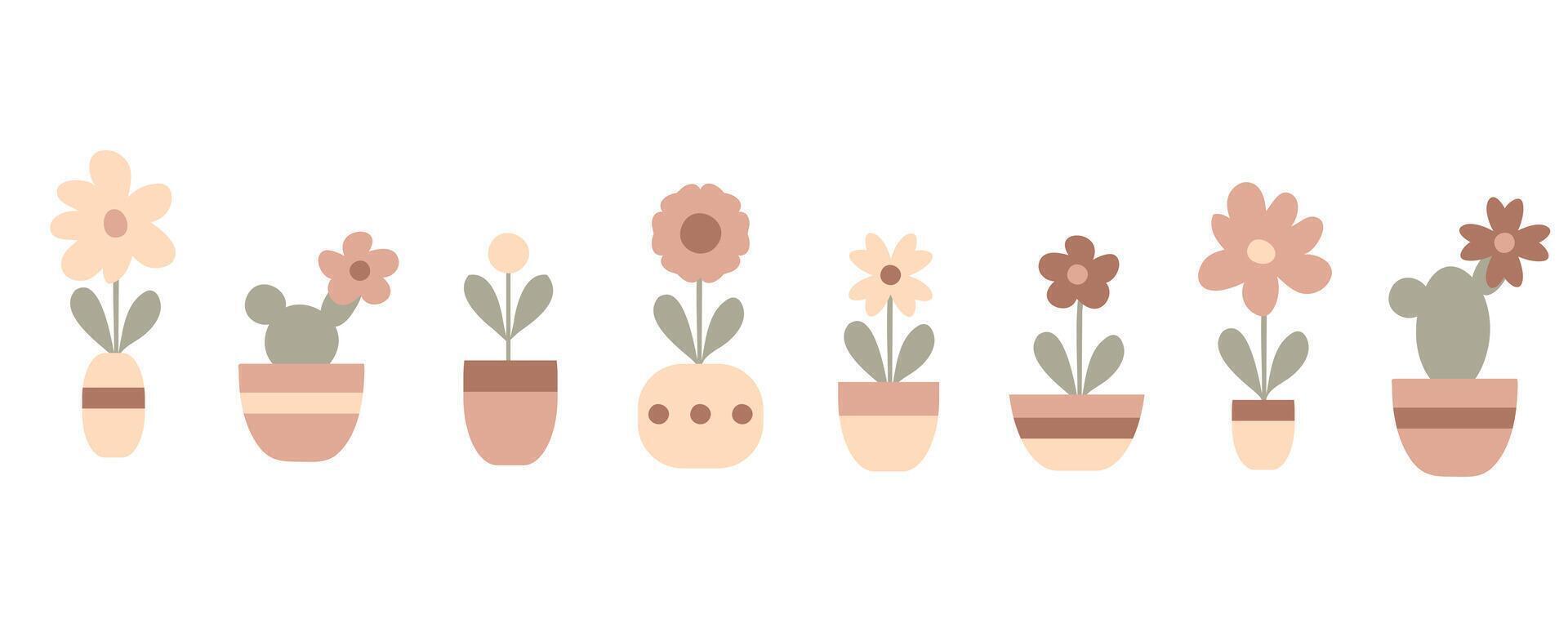 Flat style flowers in pots collection. Trendy minimalistic design. Hand drawn illustration. vector