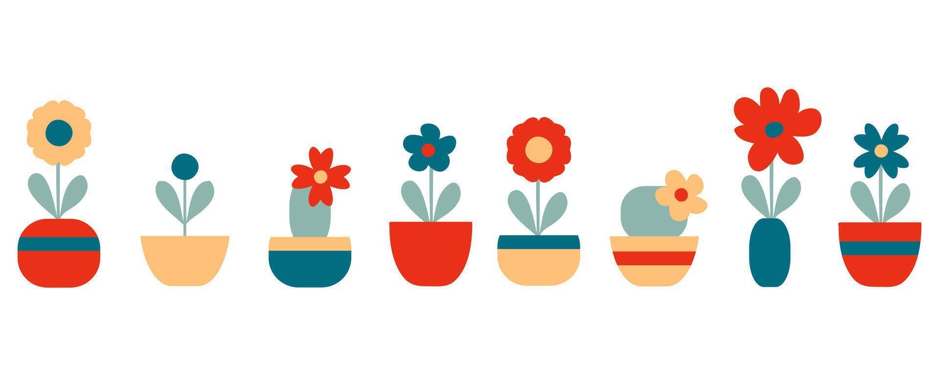 Retro style flowers in pots collection. Perfect minimalist design. Hand drawn illustration. vector
