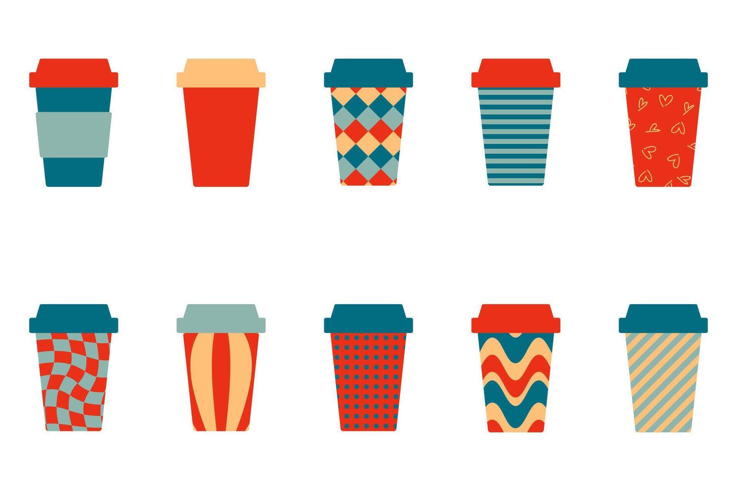 Geometric paper, plastic takeaway cup clipart collection. Hand drawn mug set. Simple flat illustration isolated on white background. vector