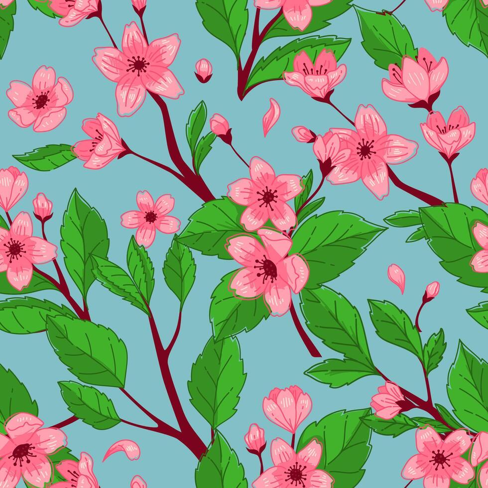 Blossoming Pink Sakura Blue Backdrop vector