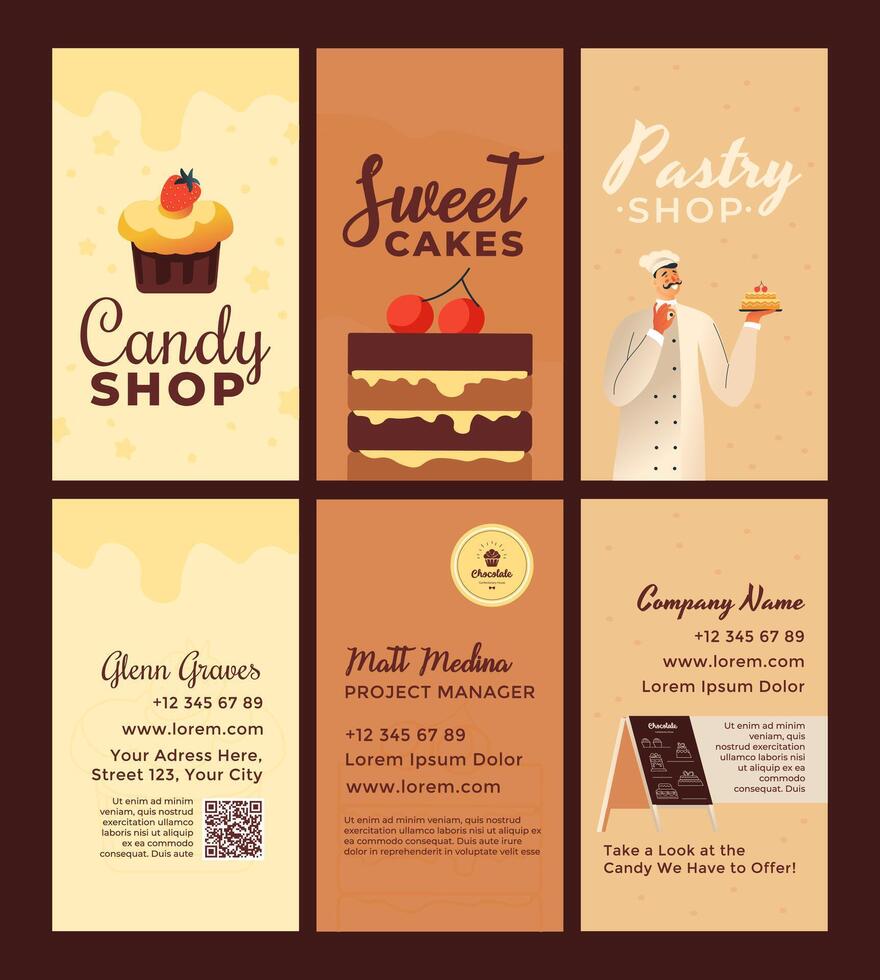 Vertical business card set for candy shop promo vector
