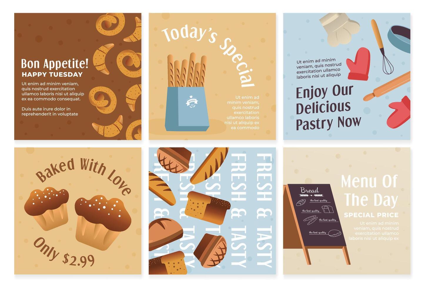 Social media post set for bakery offer promotion vector