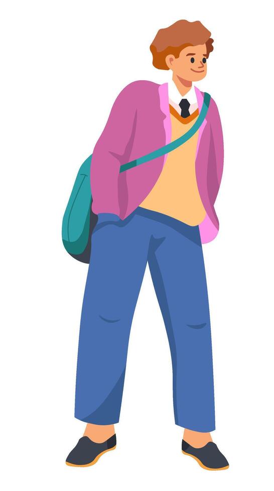 Cartoon boy character in school uniform with bag vector