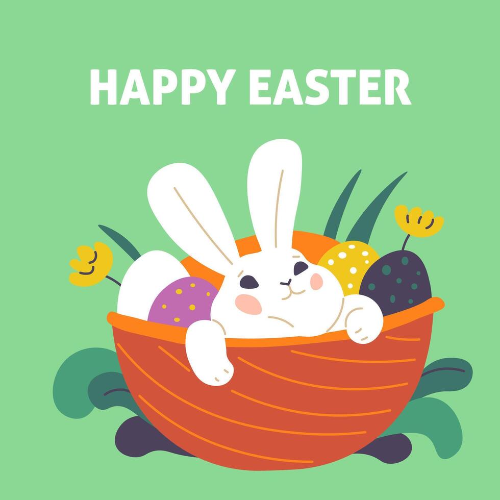 Bunny in basket with eggs and plants greeting card vector