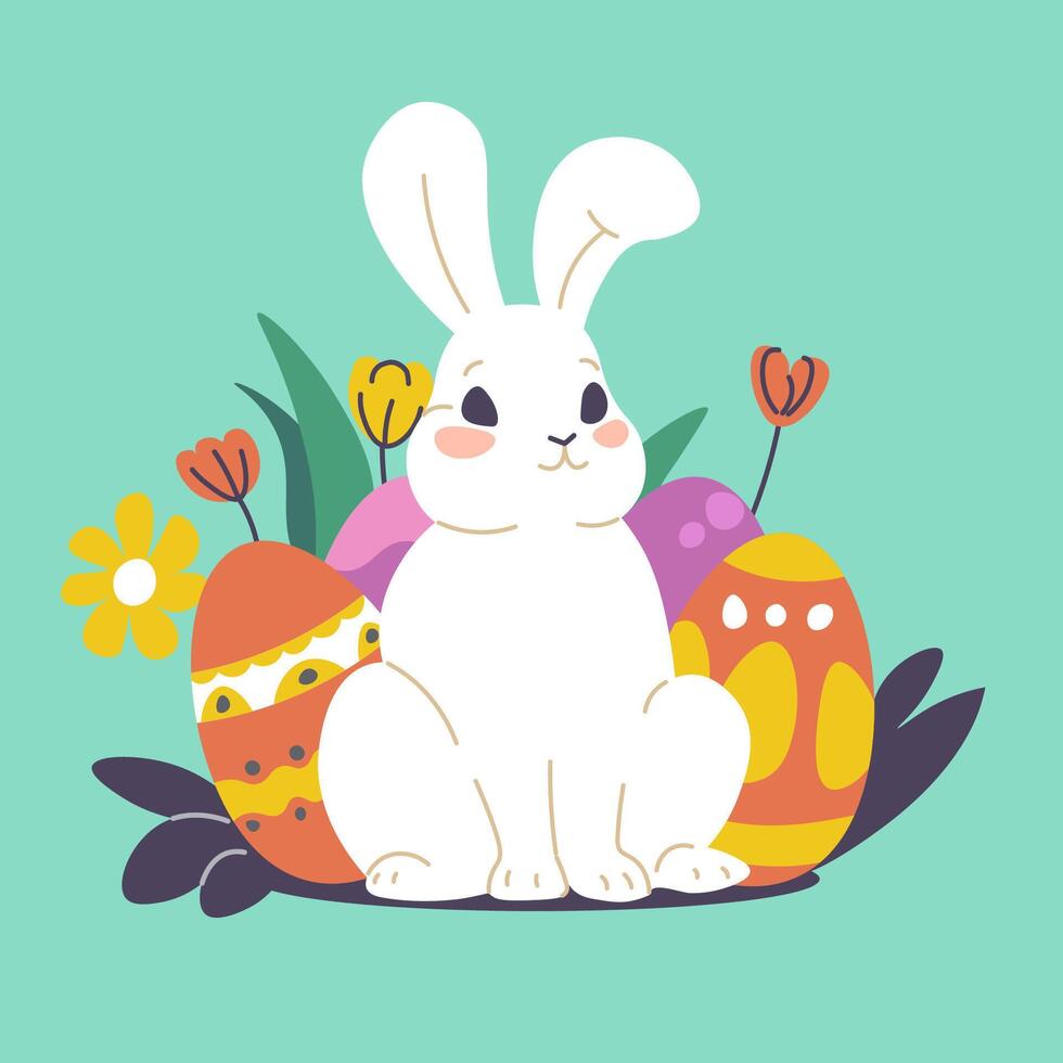 Cute rabbit for easter, eggs and spring flowers vector