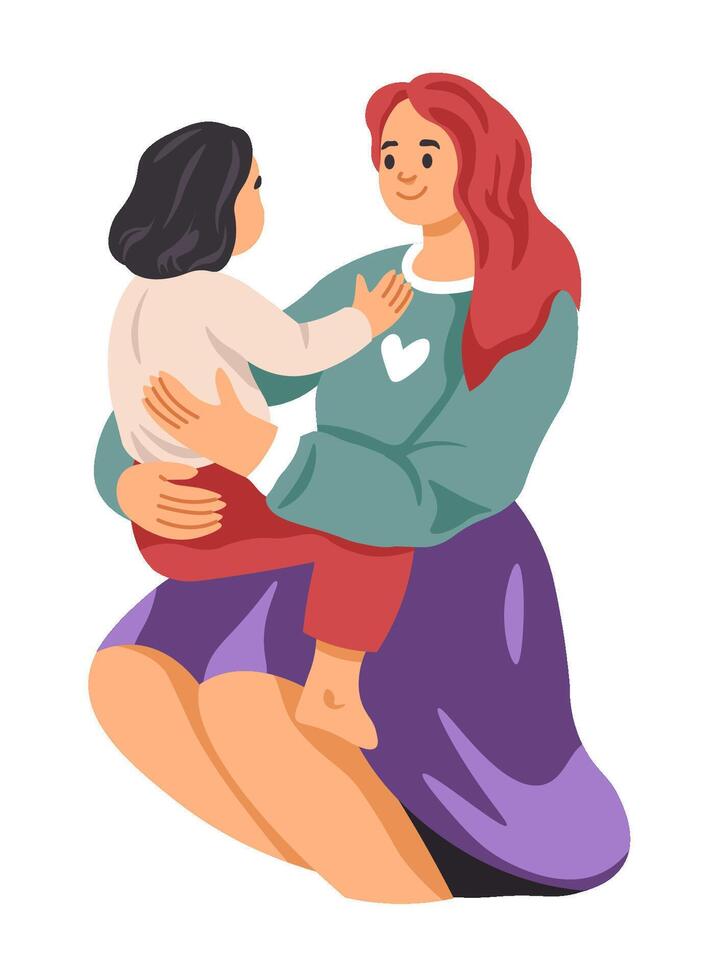 mother sits, holding her daughter vector