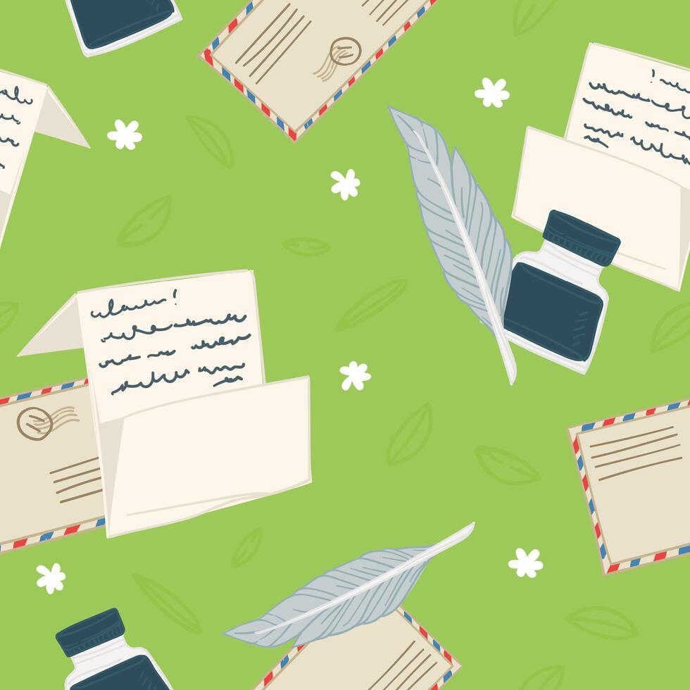 Greenery Letters and Feather Pens Pattern vector