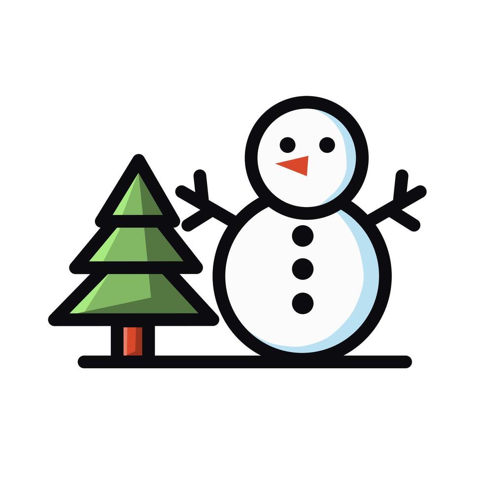 Cute snowman with pine tree beside him vector