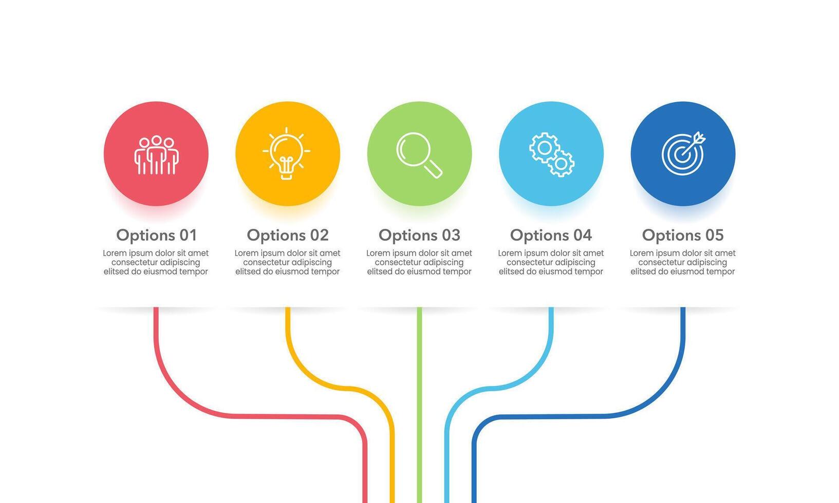 Colorful lines and circles infographic options or steps to success. Presentation, Data, Organization, Banner and Structure. vector