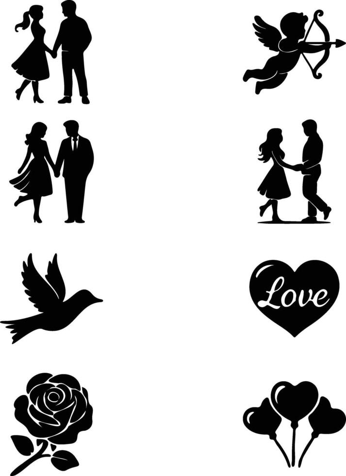 Valentine's Day Silhouette Elements Set Romantic Icons and Symbols vector