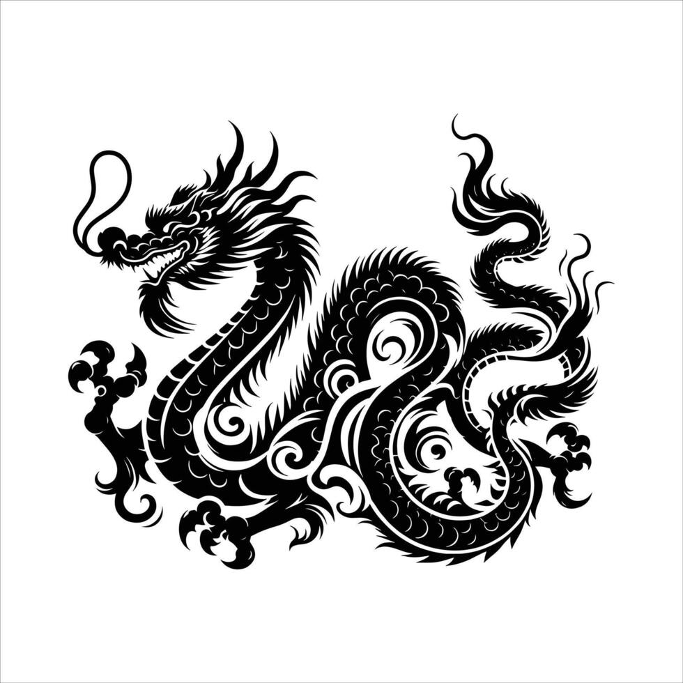 Tribal Style Dragon Elegance in Black and White Symbol for Chinese Zodiac Lunar New Year Tattoo Design vector