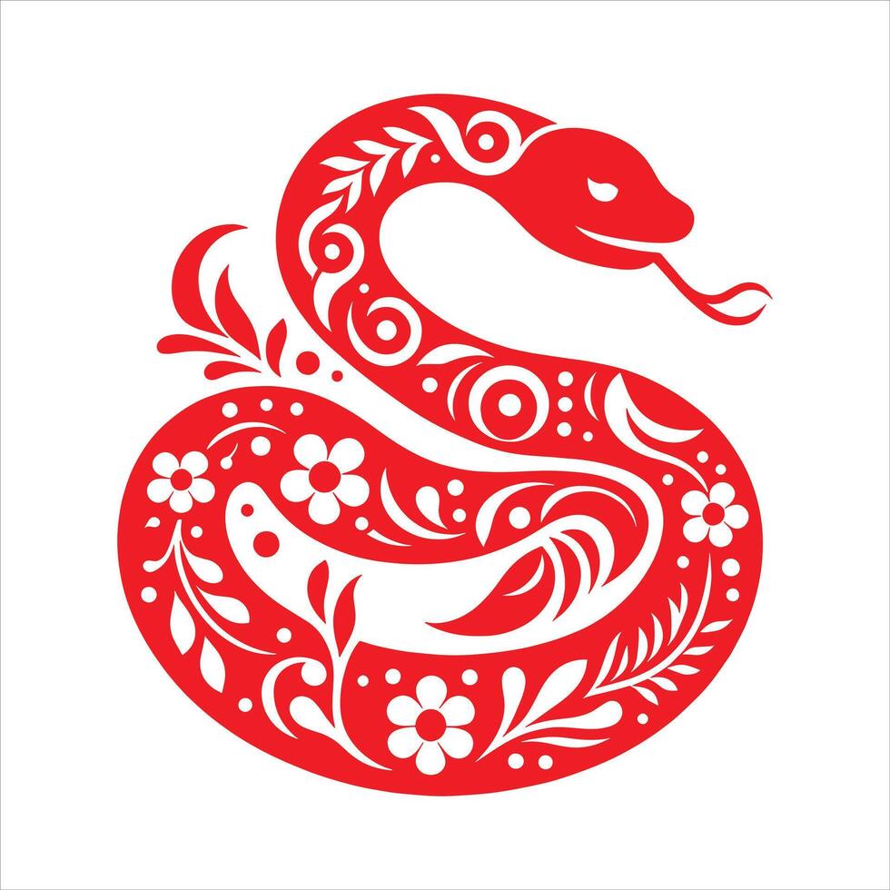 The snake is red and has floral patterns vector