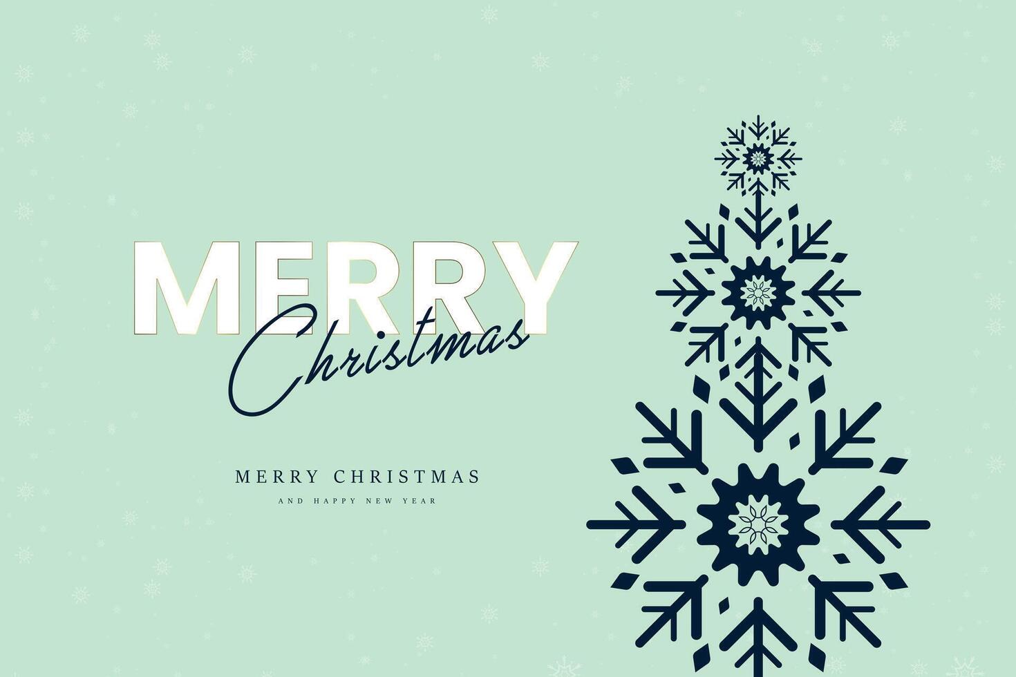 Merry Christmas text on soft light blue background for post card, elegant flat style of banner, pastel Premium snow flakes tree, illustration vector