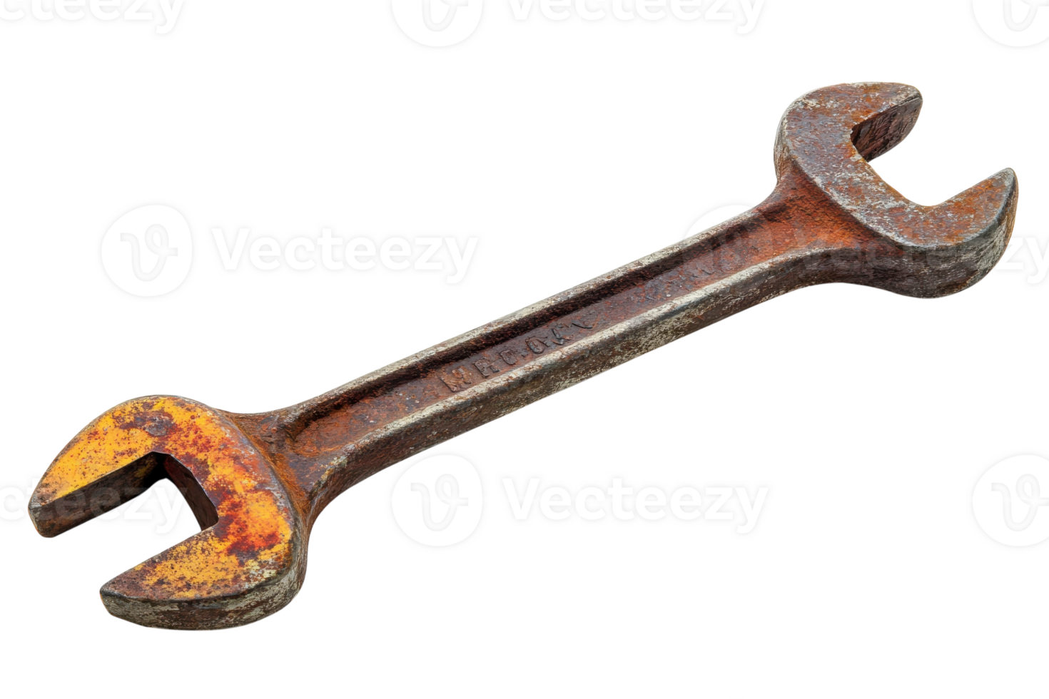 Old rusted wrench lying on a plain background showing signs of wear and tear in the evening light png