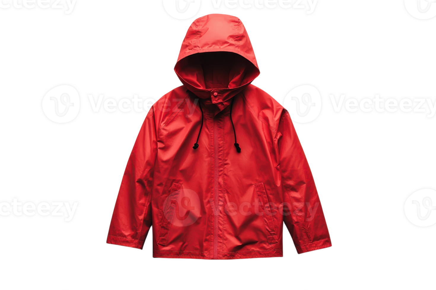 Bright red waterproof jacket with hood designed for outdoor activities in changing weather conditions png