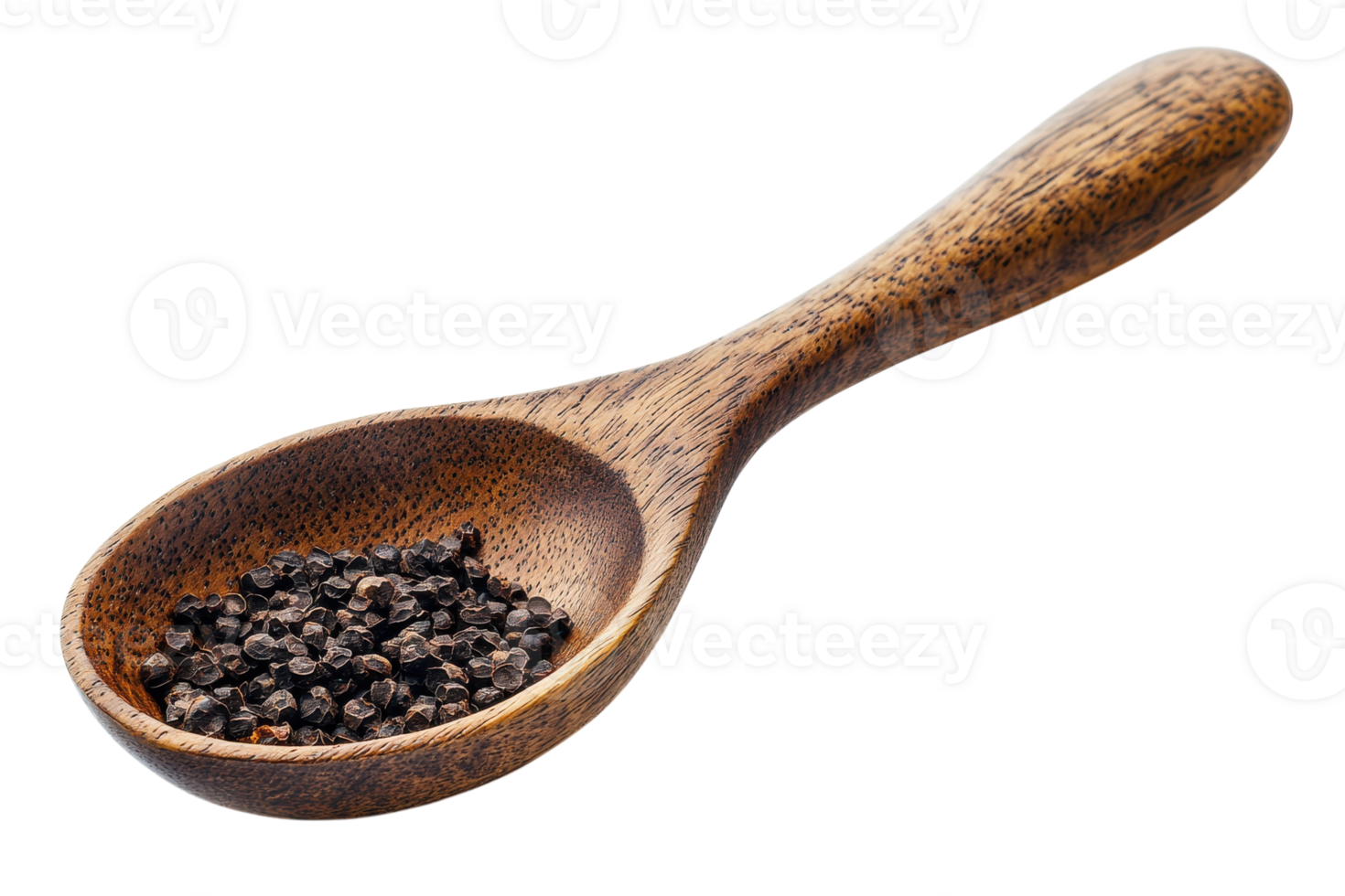 Wooden spoon featuring a scoop of black pepper granules for culinary use png