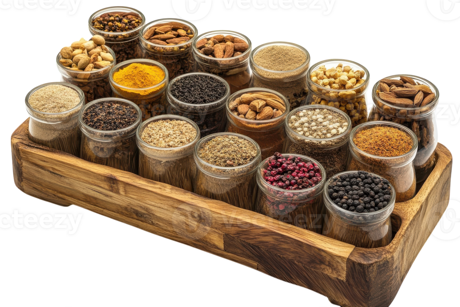 Variety of spices and nuts displayed in glass jars on a wooden tray in a modern kitchen setting png