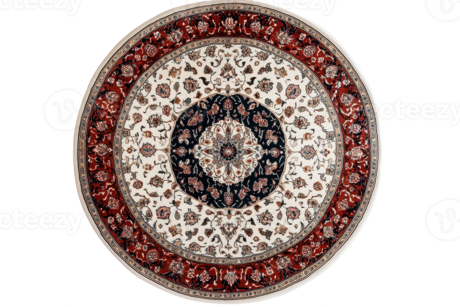 Elegant round Persian rug with intricate floral patterns in rich colors and detailed craftsmanship for home decor png