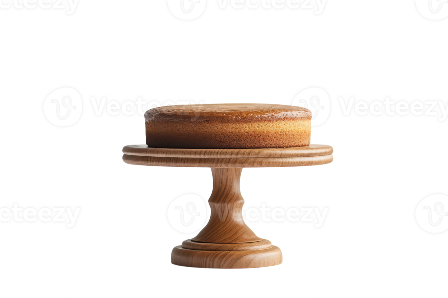 Homemade cake on a wooden cake stand displaying a smooth and even texture in a bright setting png