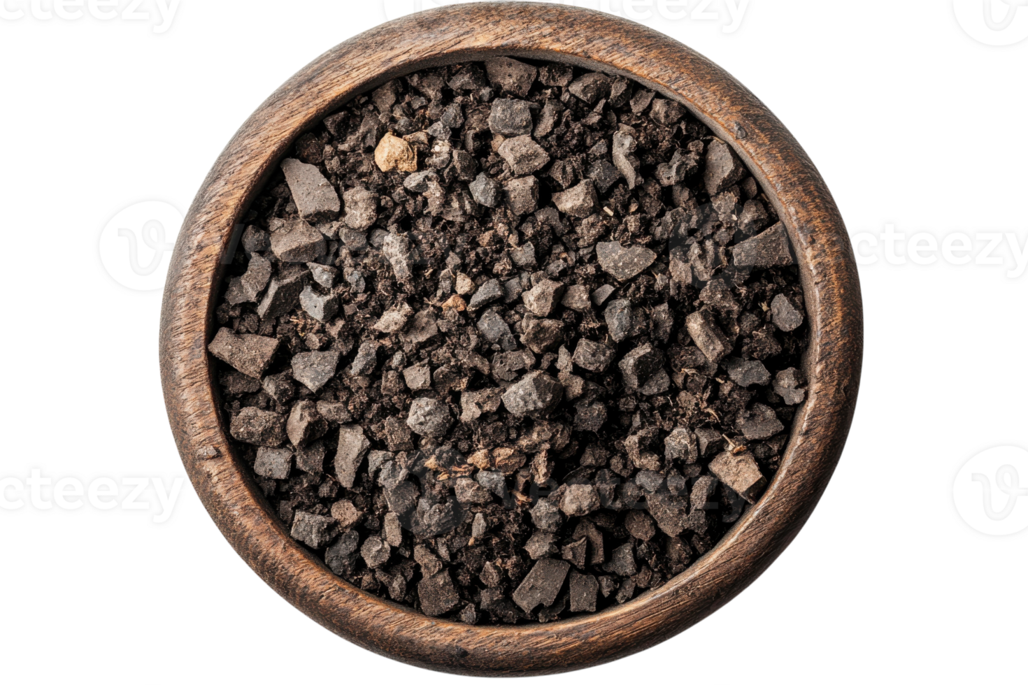 Dark volcanic rock gravel in a wooden bowl displayed on a white background for decorative or culinary use png
