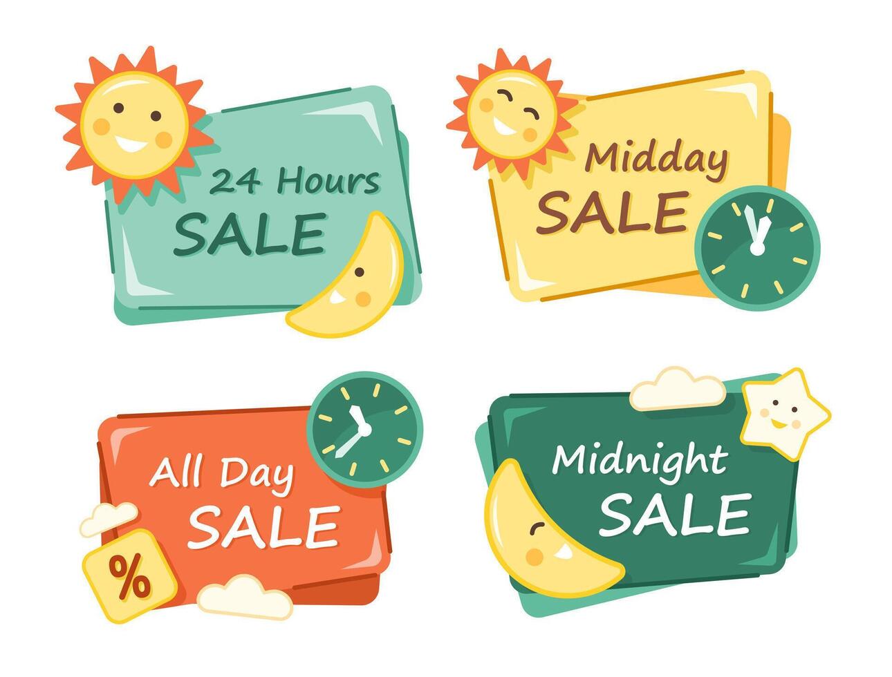 Set of Sale Labels for Discount and Special Promotion with Cute Cartoon Characters for Marketing Concept Clip Art vector