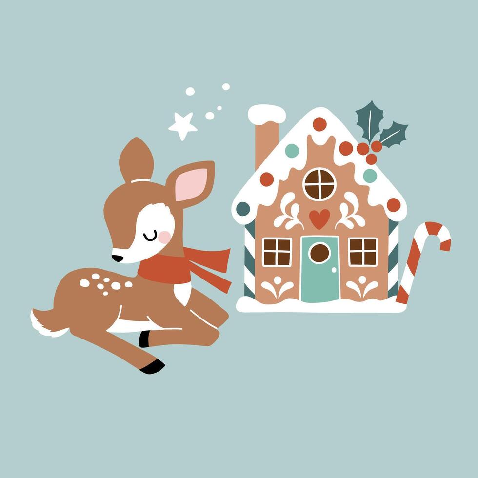 Cute vintage fawn with Christmas gingerbread house and candy cane. Perfect for greeting card, poster, invitation or nursery print design. vector