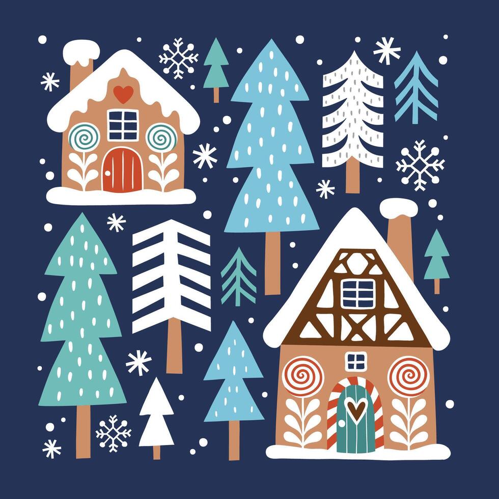 Cute Christmas gingerbread house and snowy pine trees. Hand drawn Scandinavian Christmas clipart. Perfect for tee shirt logo, greeting card, poster or nursery print design. vector