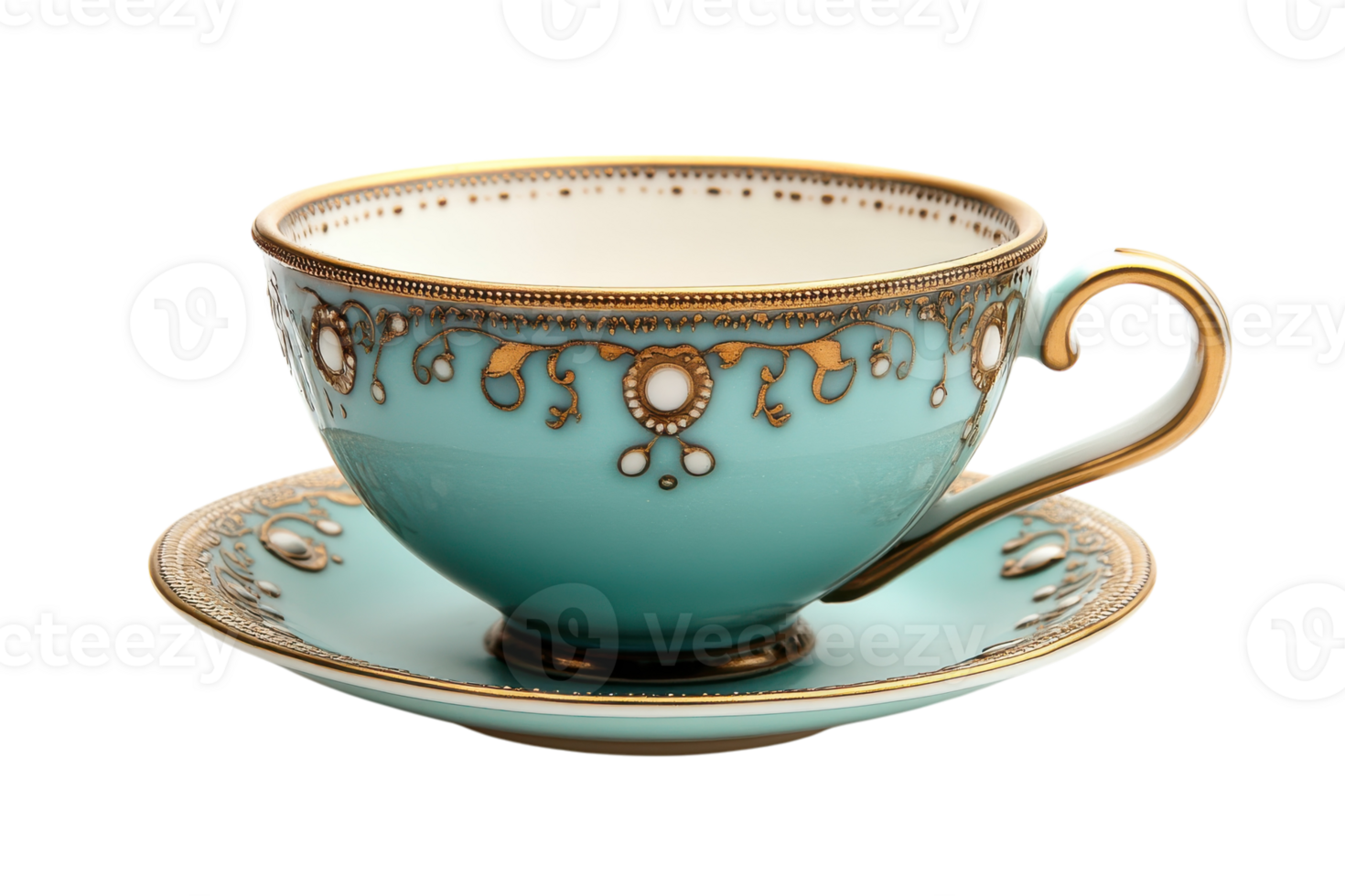 Elegant turquoise tea cup with intricate gold detailing placed on a matching saucer png
