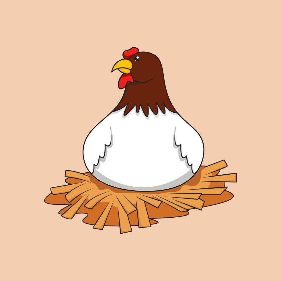 Cute hen is incubating in a straw nest in cartoon style vector