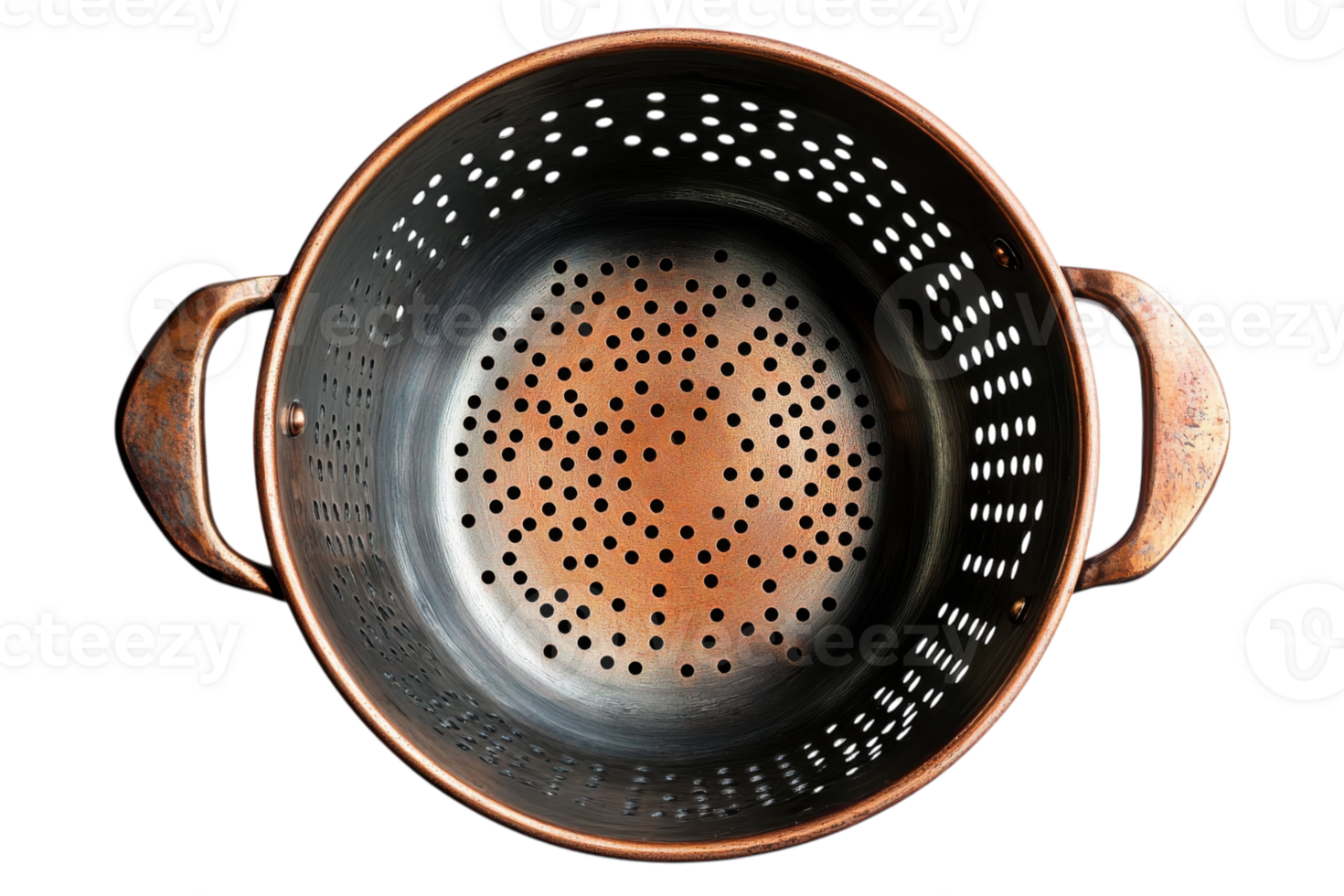 Copper colander with perforated design used for draining pasta and vegetables in a kitchen setting png