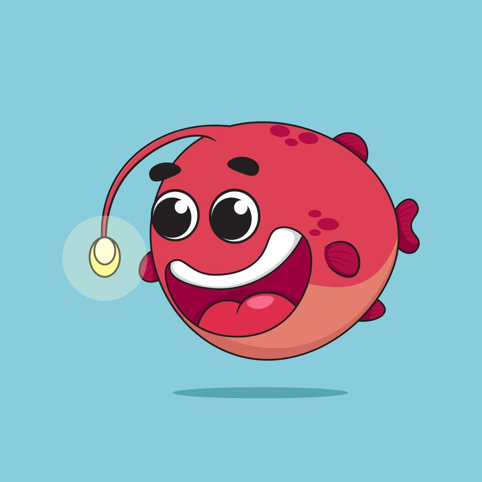 Cute red anglerfish with a big smile in cartoon style vector