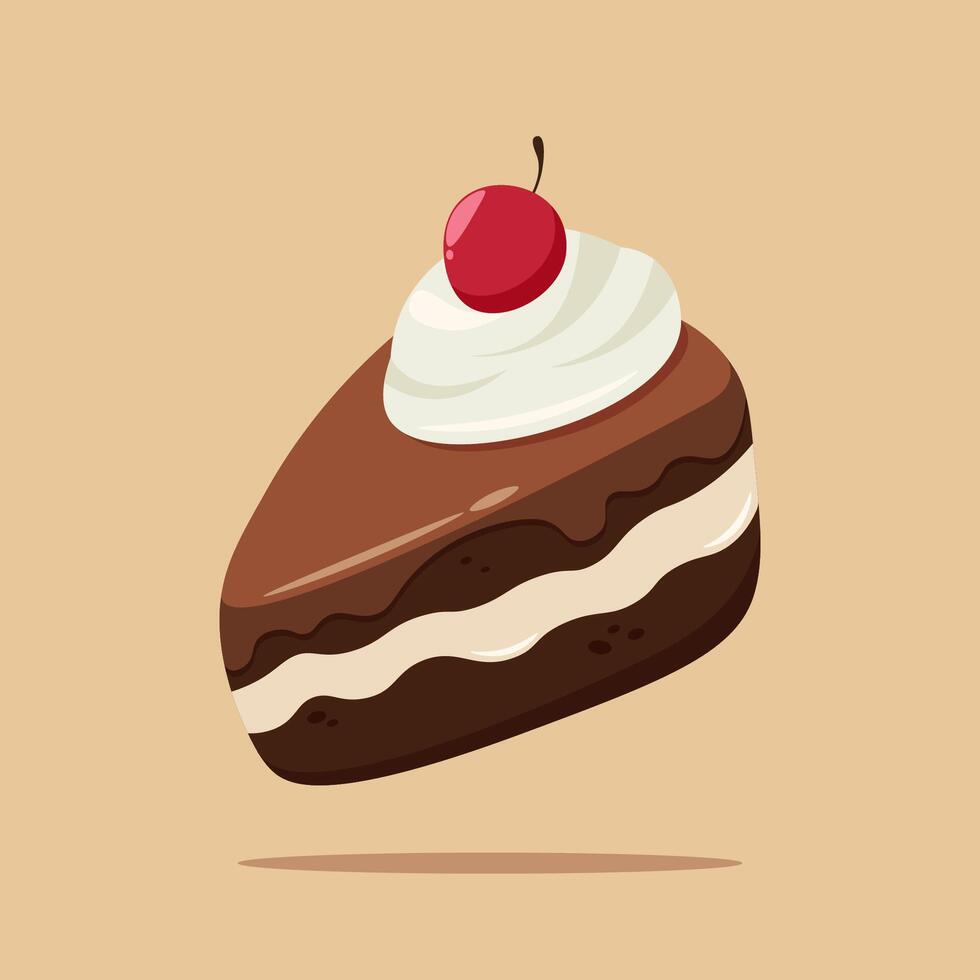 A slice of chocolate cake with cherry topping vector