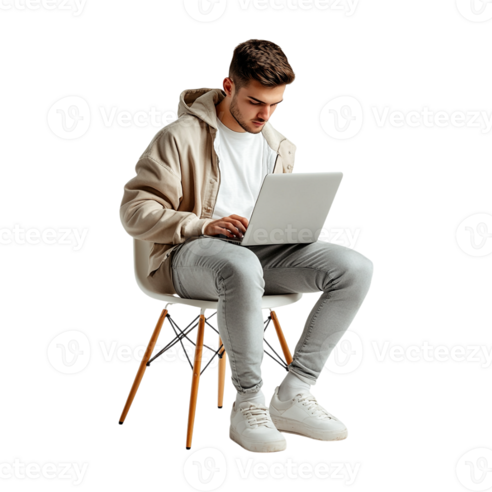 A man sitting on a chair with a laptop png