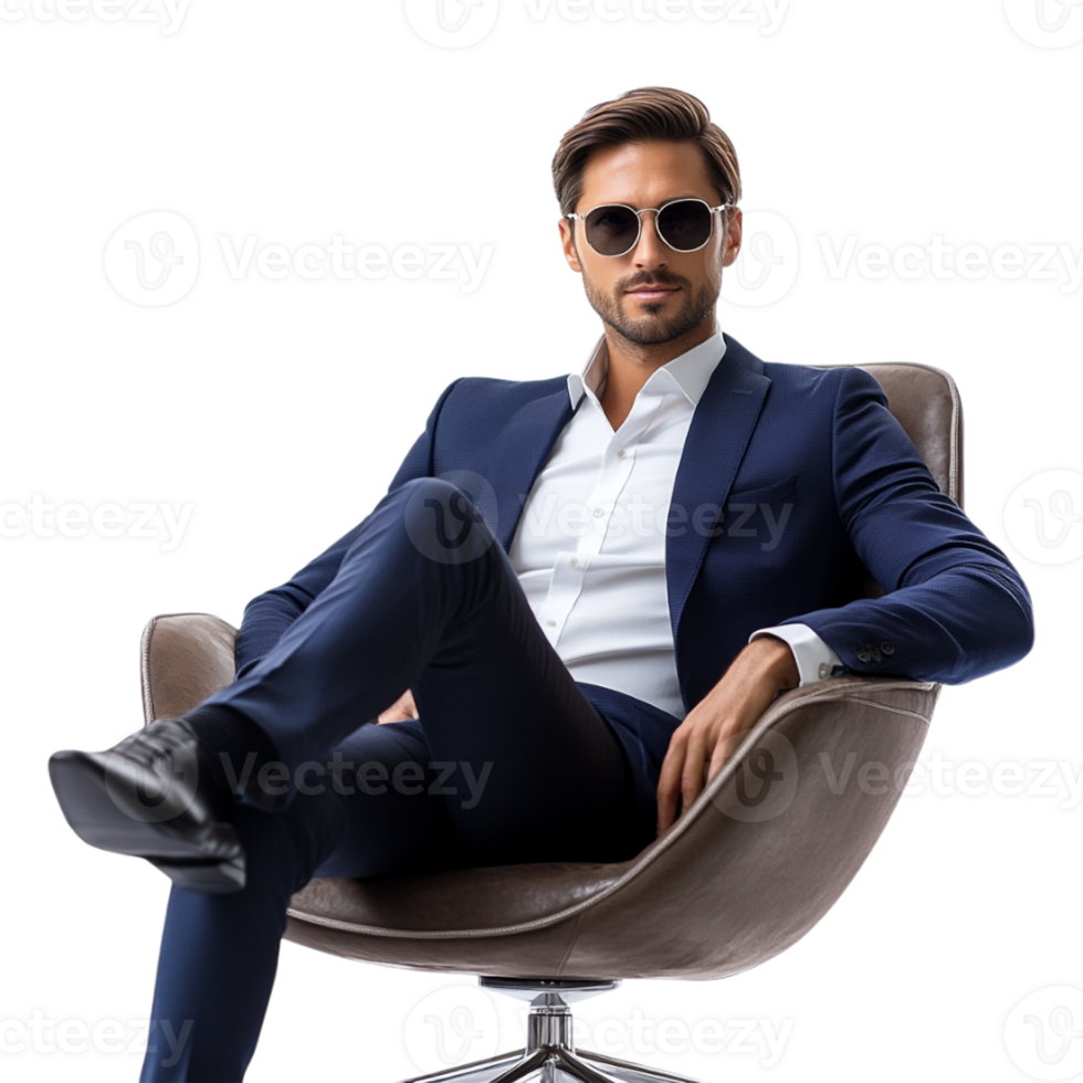 A man in a suit and sunglasses sitting in a chair png