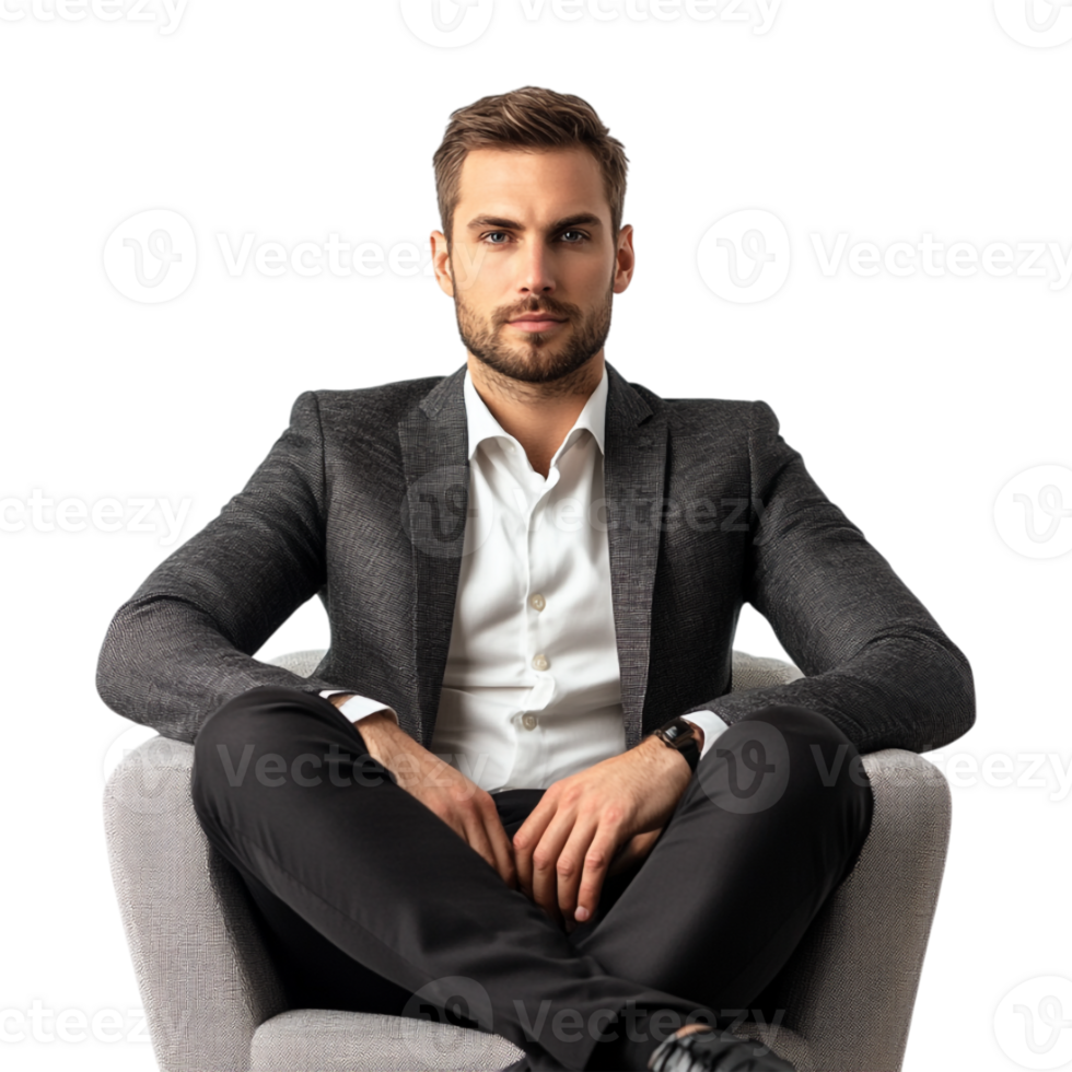 A man in a suit sitting on a chair png