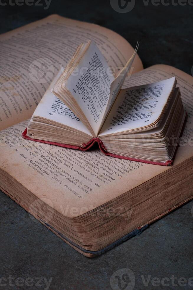 Close-up of two old dictionaries against a dark background. Selective focus photo