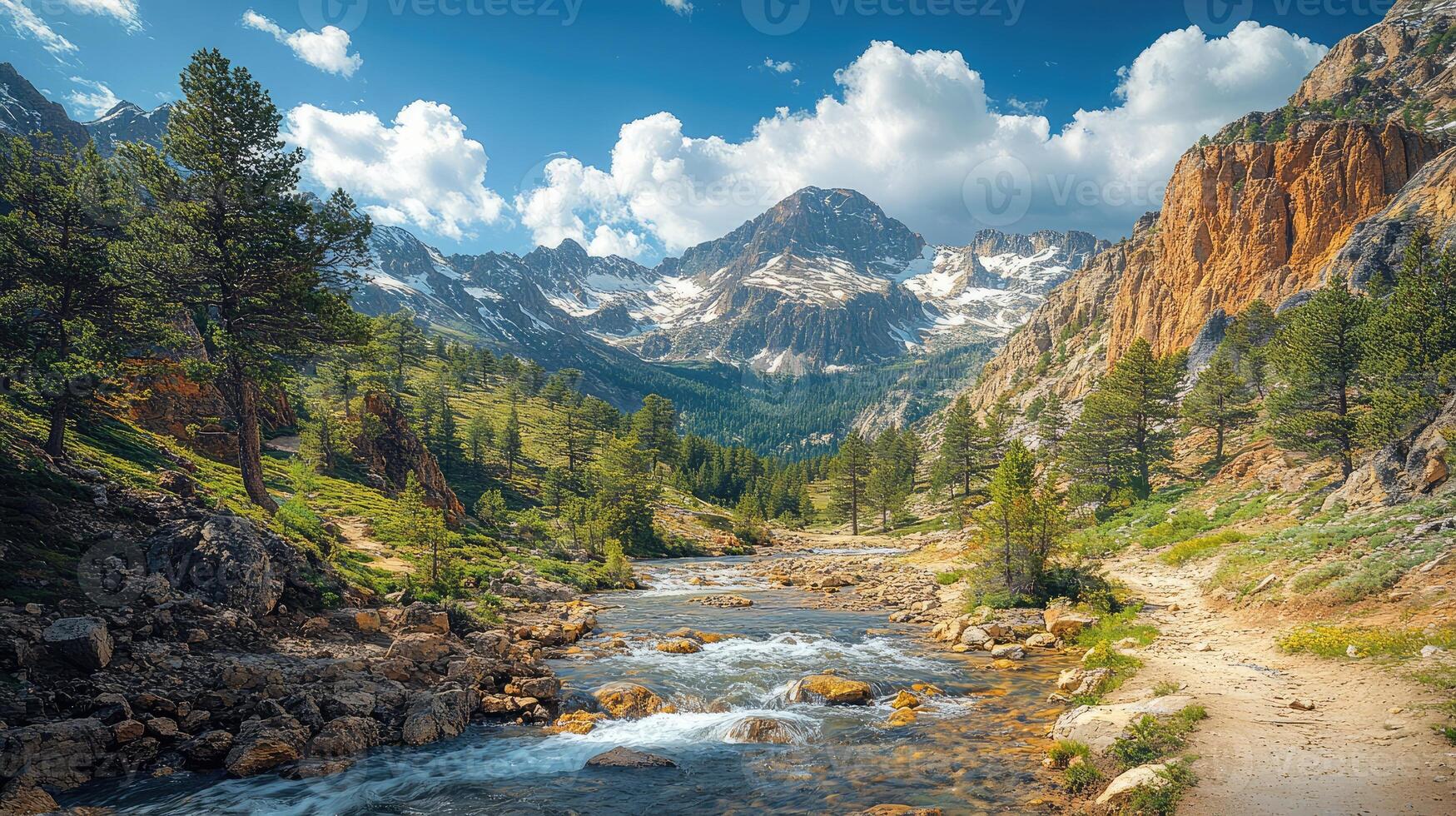 A river running through a rocky mountain valley photo