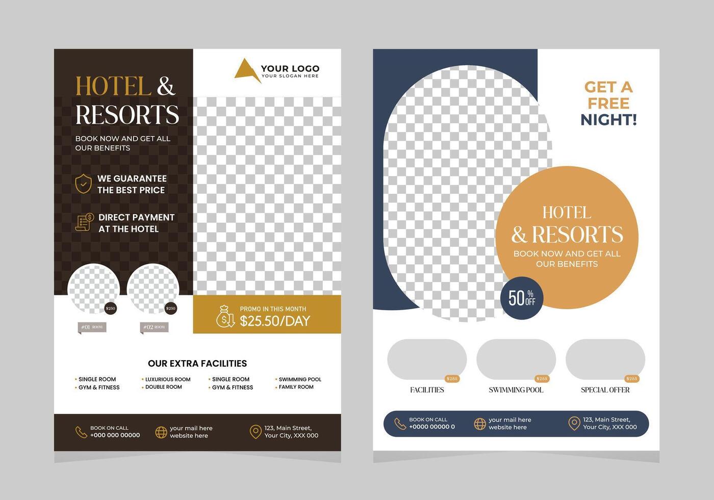hotel and resort flyer template design with hotel information template vector