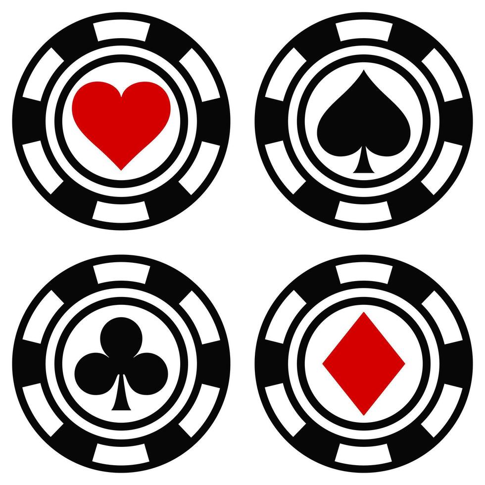 Black and Red Casino Chips with Card Suits icon illustration set vector