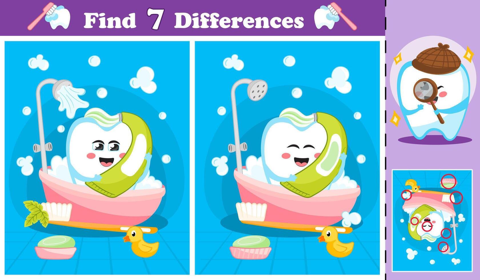 Spot the Differences Game with a Smiling Tooth in a Bubble Bath vector
