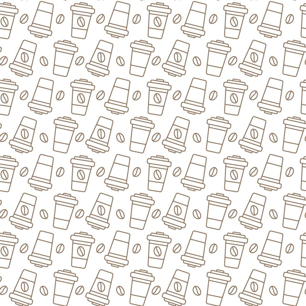 Disposable cups with coffee beans Seamless Pattern in trendy monochrome brown in minimalistic style. Isolated illustration Wallpaper, wrapping or web promo, posting, banners, leaflets, cards vector
