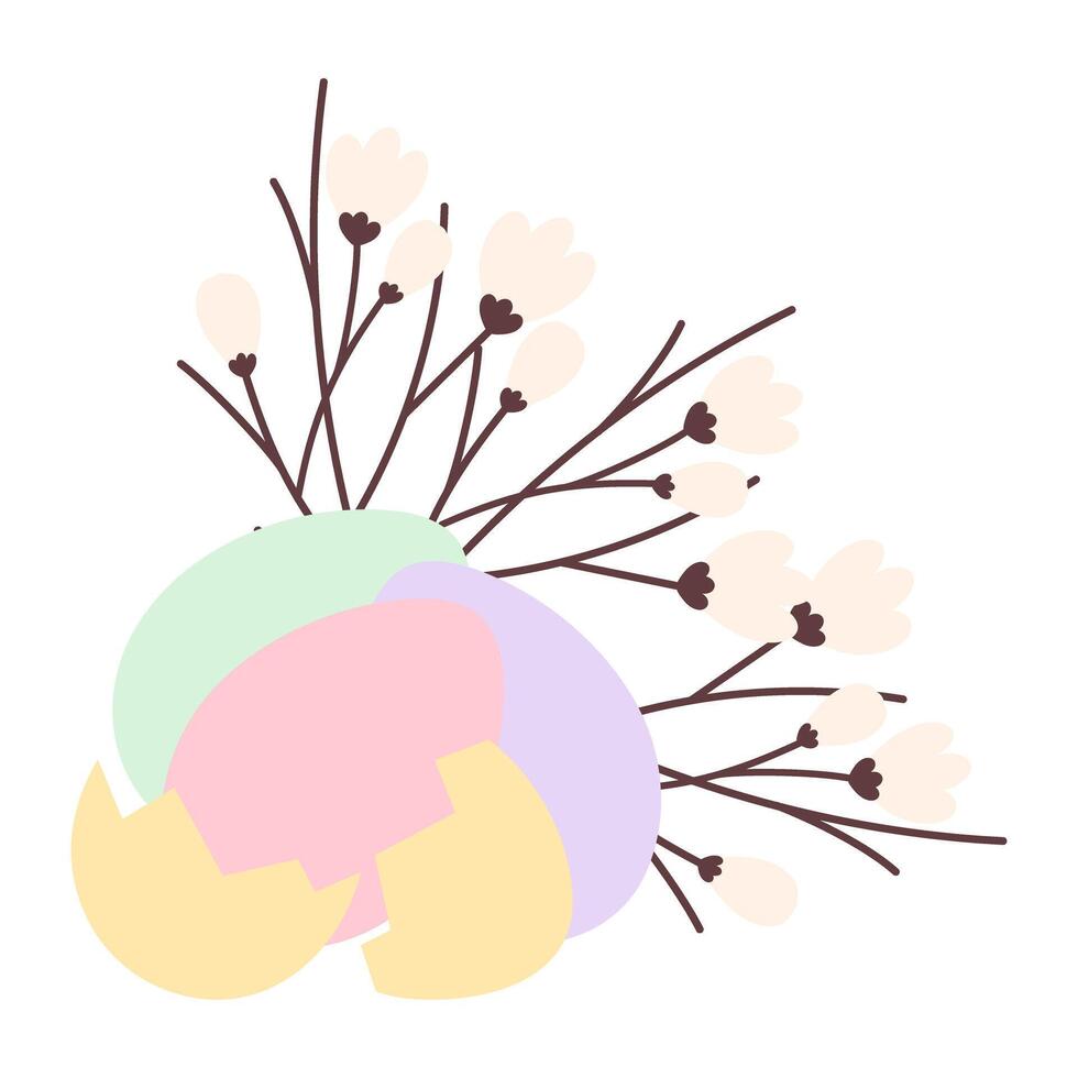 Easter Eggs and cracked eggshell with blossom twigs composition. Easter greeting festive design idea. Isolate illustration Thematic cards, posting, blog or web promo leaflet, banner, tag, label vector