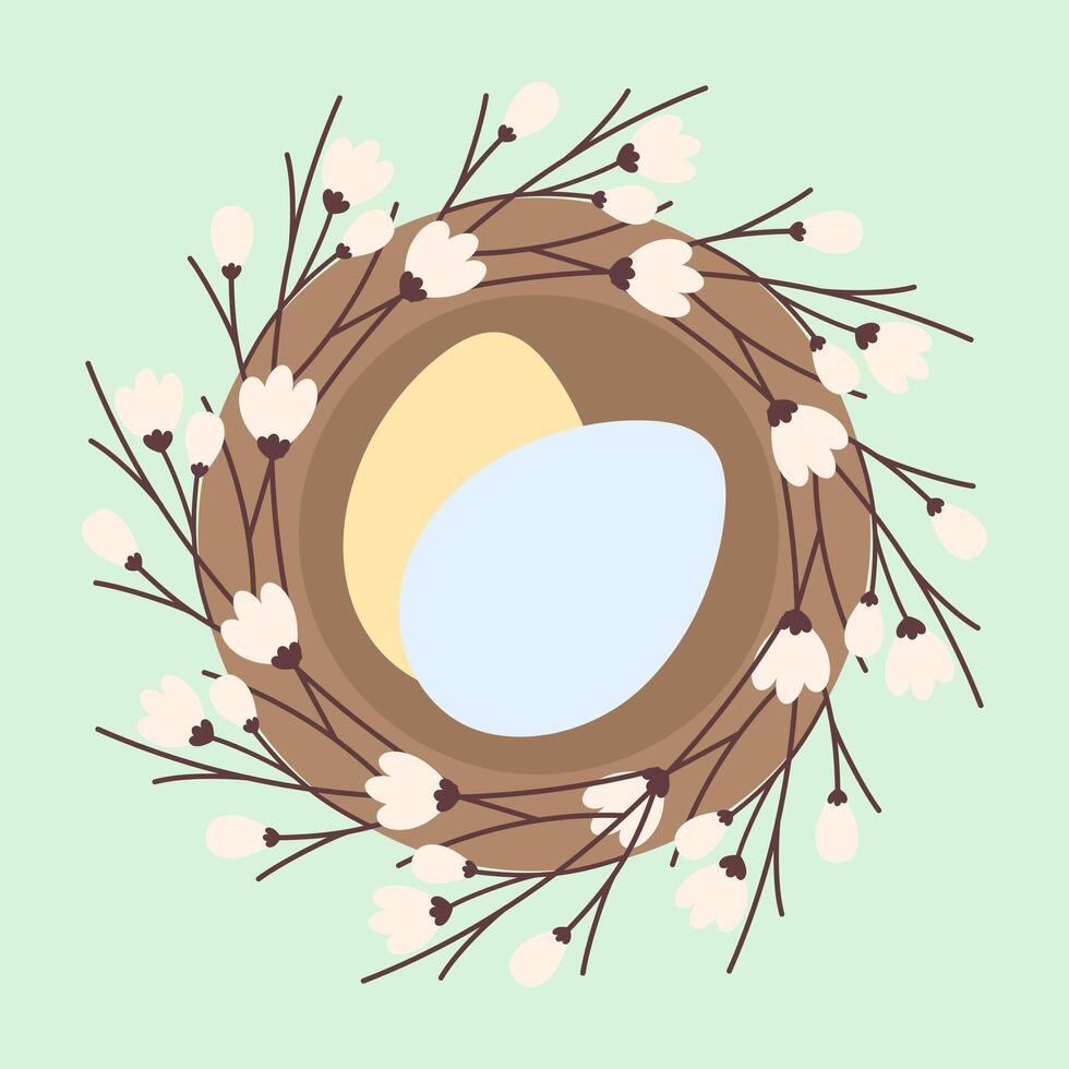 2 Easter Eggs in nest with blossom twigs in trendy soft shades. Easter greeting design element idea. Isolate illustration Thematic cards, posting, blog or web promo, leaflets, banner, price tag vector