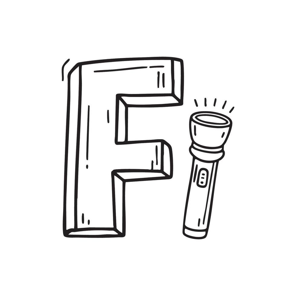 An illustration of letter F beside flashlight vector